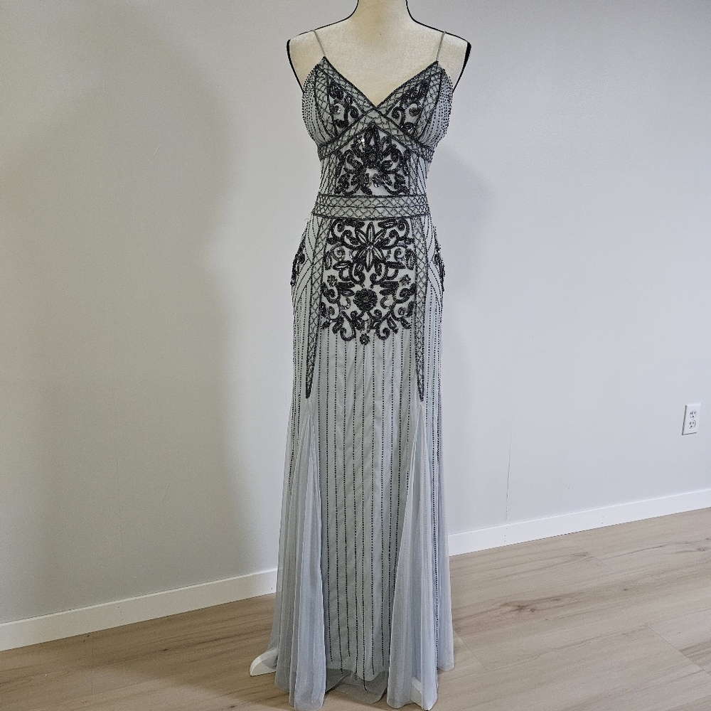 Jump Apparel Bead-Embellished Mesh Overlay Spaghetti Strap Gown 7/8